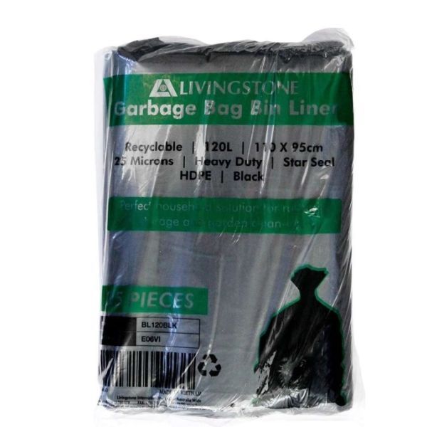 Livingstone Garbage Bag Bin Liner 120L Black Pk25