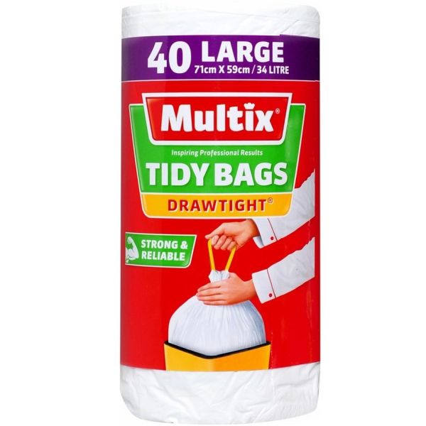 Multix Tidy Bag Drawtight Bin Liner with Drawstring White Large 34L 71 x 59cm Pack 40