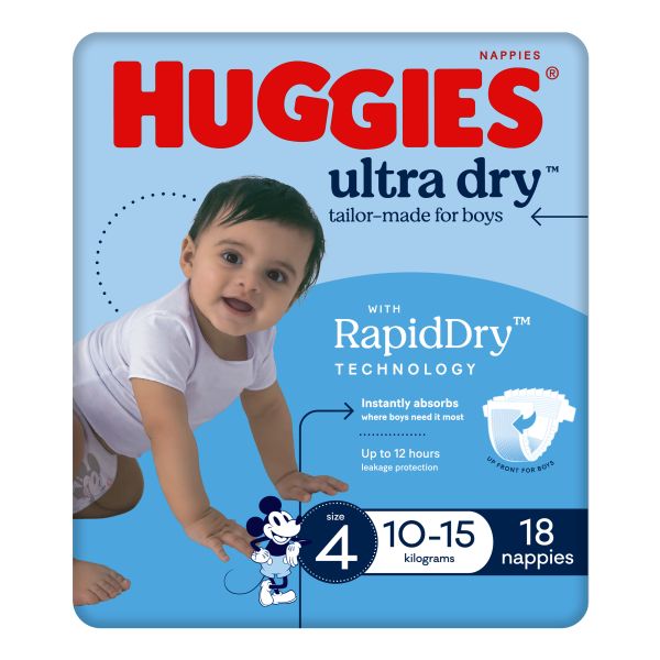 Huggies Ultra-Dry Toddler Boys Large 10-15kg Pk18