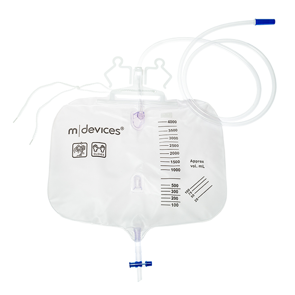 mDevices Urine Bag 4L TTap Non Return Valve Hanger And Rope 150cm tube