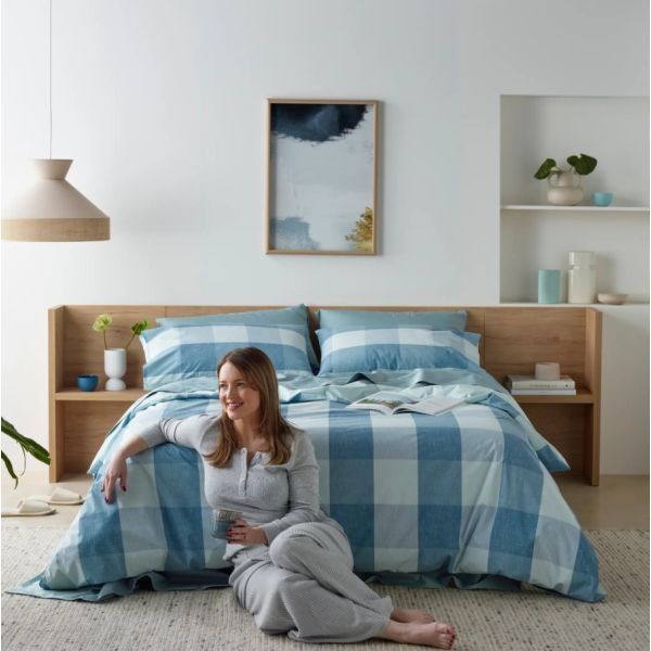 Staydry Waterproof Quilt Cover Set Blue Check Queen Bed
