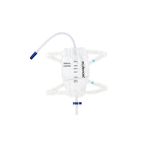 mDevices Leg Bag 500ML T Tap Non Return Valve 30cm Long Tube Elastic Straps Box 100