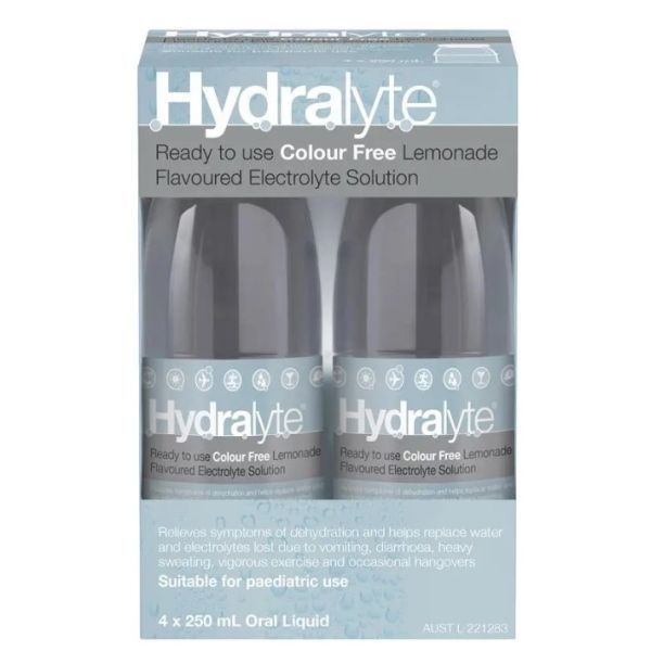 Hydralyte Colour Free Lemonade 250ml Pack 4