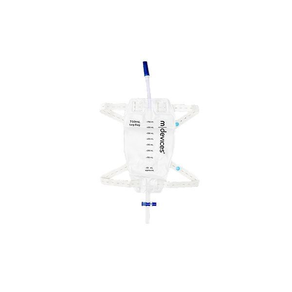 mDevices Leg Bag 750ml T Tap Non Return Valve 10cm Short Tube Elastic Straps