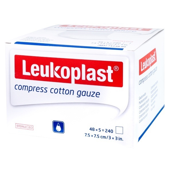 Leukoplast Compress Cotton Gauze 7.5cm x 7.5cm Sterile 8ply White 5's Pack 48