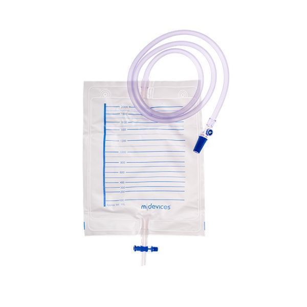 mDevices Urine Bag 2000mL T Tap Non Return Valve Sample Port 120cm clear tube by mDevices in Night_Bag_and_Bottle 2000ml