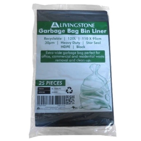 Livingstone Garbage Bag Bin Liner 120L Black Pk25 by Livingstone in Bin Liners