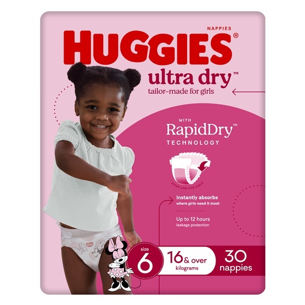 Image of Huggies Ultra-Dry Nappies Junior Size 6 Girl 16kg+ 1080ml Pack 30 by Huggies