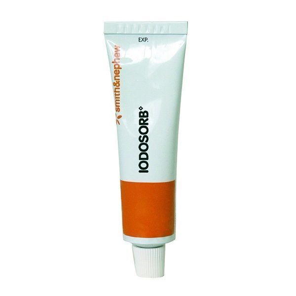 "Iodosorb cadexomer iodine ointment used for wound care to absorb exudate