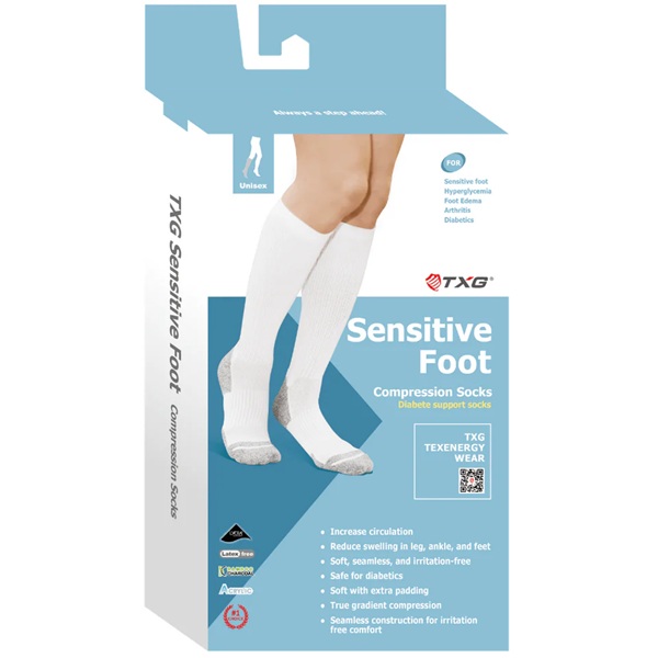TXG Diabetic Compression Socks Sensitive Foot Extra Large 15-20mmHg White